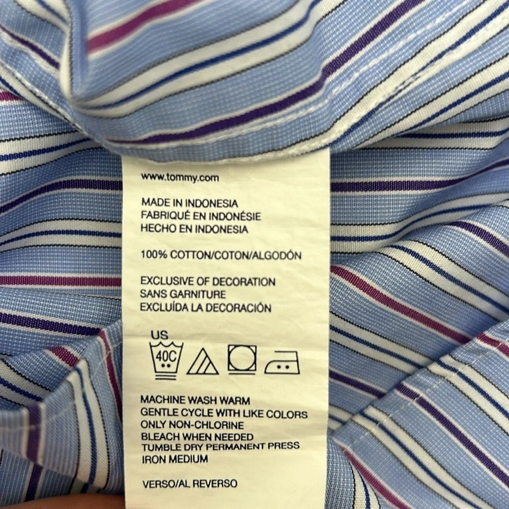 Tommy Hilfiger Mens‎ Button Down Stripped Shirt Size 16 1/2 Blue White Burgundy